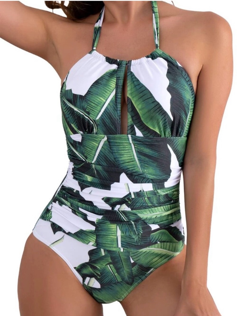 B2Prity Tropical Leaf One-Piece Swimsuit - Green & White Sz Large